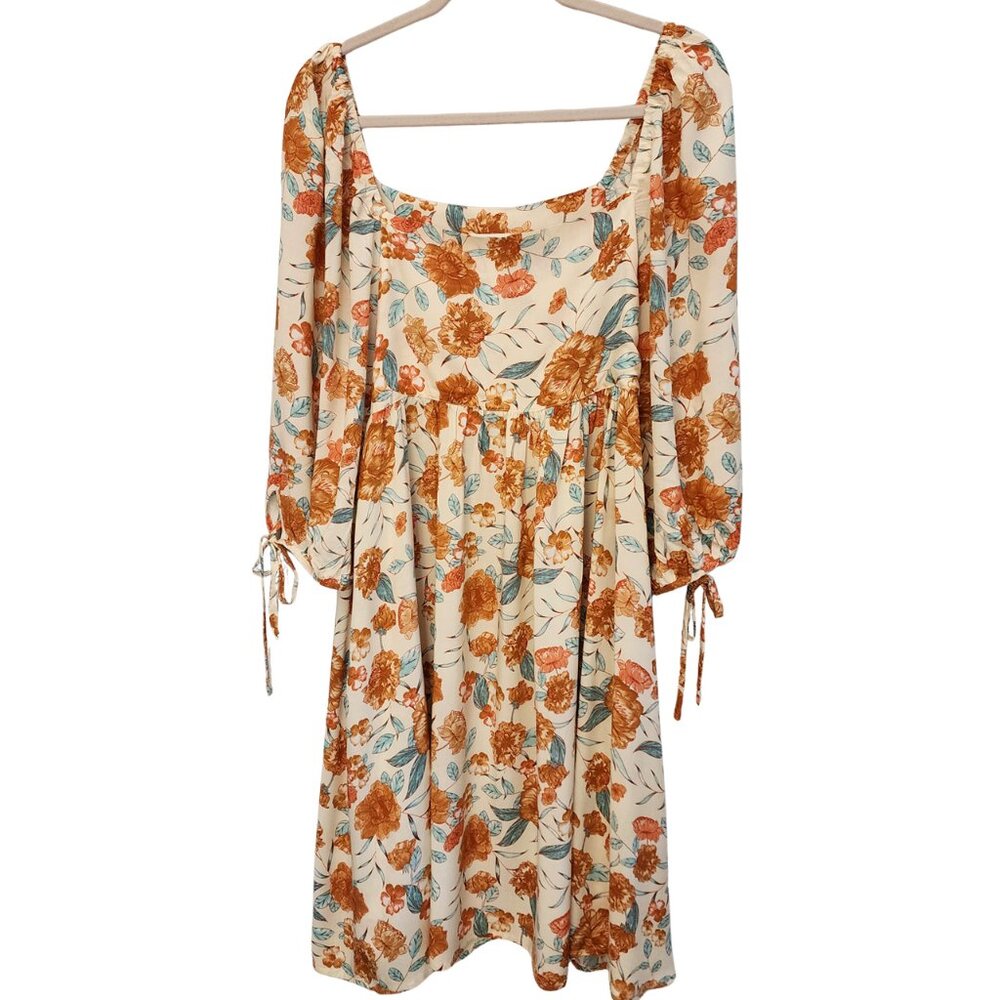 Floral Square-Neck Midi Dress in Cream and Rust